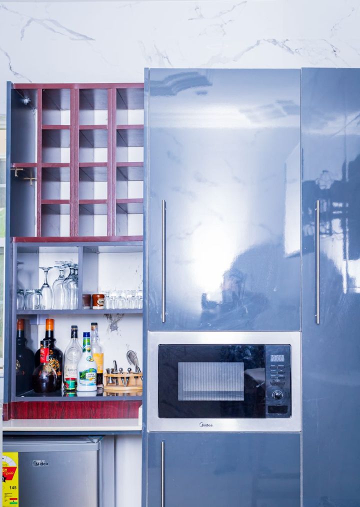 Bar cabinet with glassware and wine rack