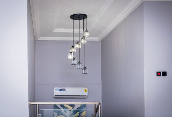 Crystal pendant lights over the stair landing
